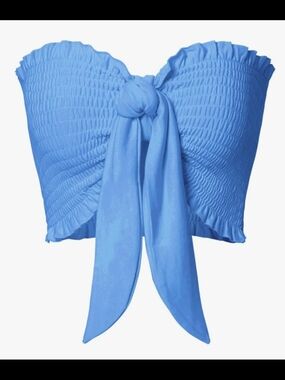 Zenana Smocked Tie-Front Strapless Crop Top — Spring Blue-sizes S,M,L,XL